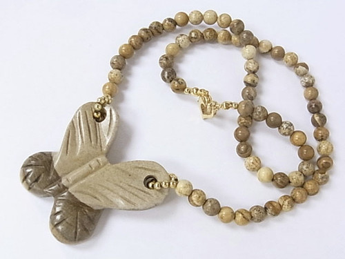 50mm Picture Jasper Butterfly Necklace 18" [e1264]