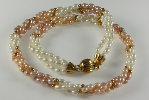 4mm 3-Row Pearl White & Peach Pearl Necklace 18", Best Lustre