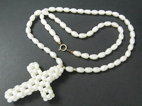 4-5mm Freshwater Pearl Necklace 17" 14K 585 Gold Clasp, 4pcs.14K Bead & Cross