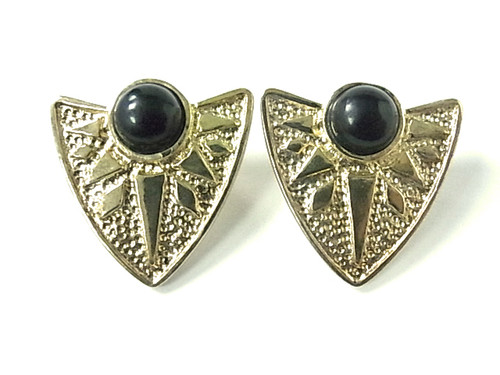 925 Sterling Silver Gold Plated 30x35mm Black Onyx Post Earring [e1123]