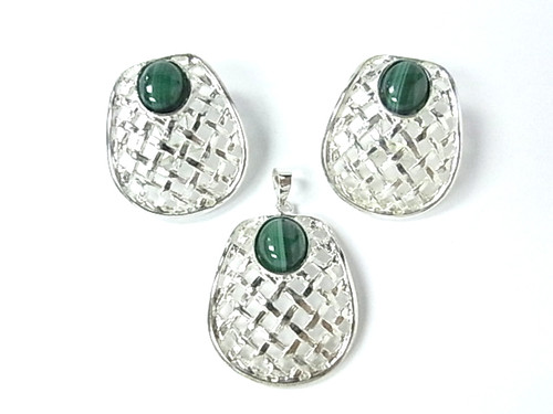925 Sterling Silver 25x30mm A Grade Green Malachite Pendant & Earring [e1151]