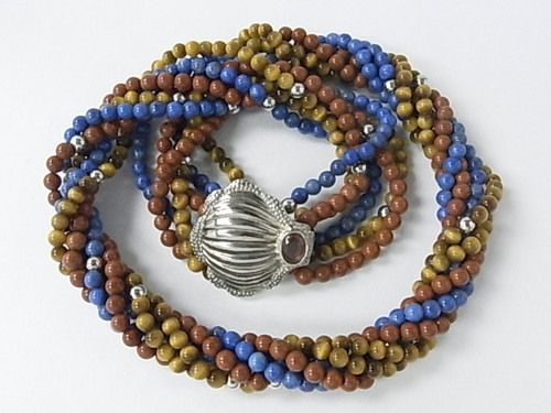 4mm 6-Row Lapis, Tiger Eye, Red Jasper Necklace 18" With Sterling Silver Clasp & Beads [e1600]