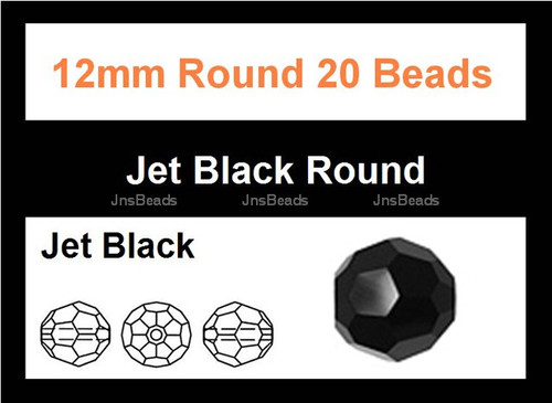 12mm Jet Black Crystal Faceted Round 20 Beads