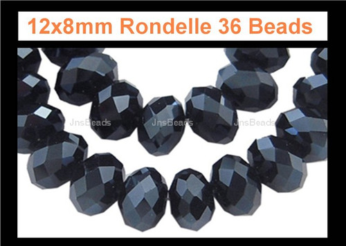 12x8mm Jet Black Crystal Faceted Rondelle 36 Beads