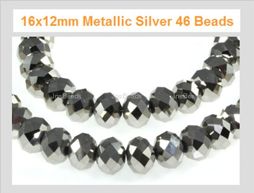 [ux621] 16x11mm Metallic Silver Crystal Faceted Rondelle 46 Beads