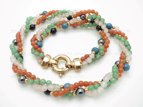 4-6mm Rose Quartz, Aventurine, Red Aventurine, Onyx, Lapis Howlite 3-row Necklace 18" & 14k GP Clasp [e3078]