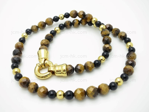 8mm Tiger Eye + Black Onyx Necklace 18" & 14k Gold Plated Clasp [e3127]