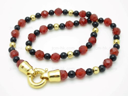 8mm Red Stone + Black Onyx Necklace 18" & 14k Gold Plated Clasp [e3129]