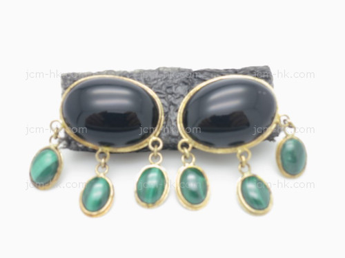 14x20mm Malachite, Black Onyx Earring With 14k 585 Gold Setting [e3208]