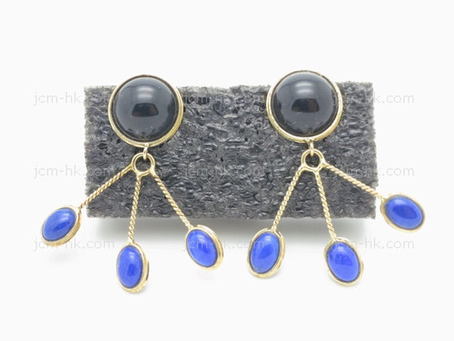 12mm Black Onyx, Lapis Lazuli Earring With 14k 585 Gold Setting [e3228]