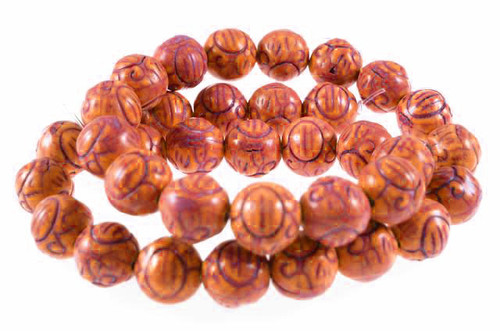 10mm Orange Magnesite Craved Round Beads 15.5" [t379h]