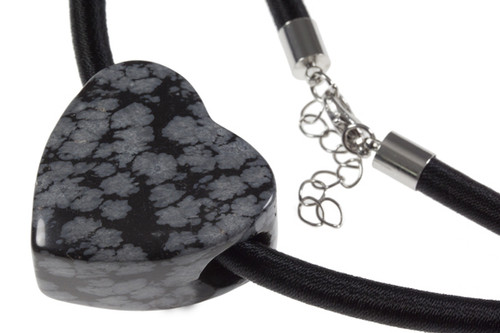 33x32x18mm Snowflake Obsidian Heart Pendant with 6mm Black Satin Cord 19" with 1.5" extender chain and lobster claw clasp [y949er]