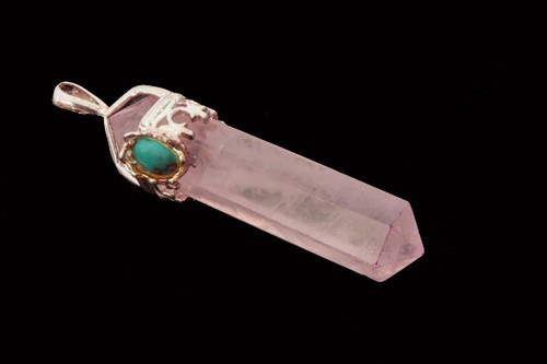 925 Sterling Silver 42mm Rose Quartz Healing Crystal Point Pendant With Turquoise Cabochon [y736d]