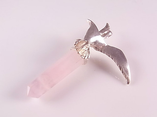 925 Sterling Silver 55mm Rose Quartz Seagull Healing Crystal Point Pendant [y824a]