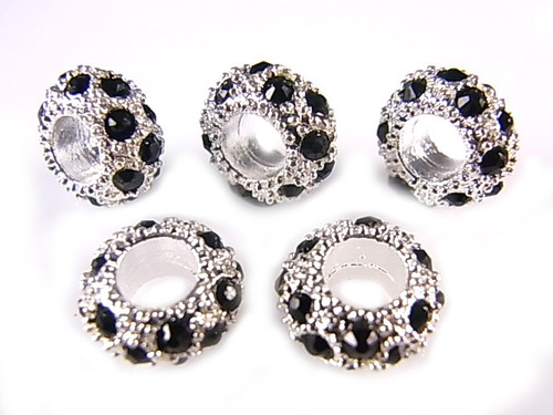 10x6mm Jet Black Crystal Euro Beads Zinc Silver 5mm Hole 5pcs. [y238b]