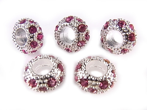 10x6mm Pink Crystal Euro Beads Zinc Silver 5mm Hole 5pcs. [y238f]