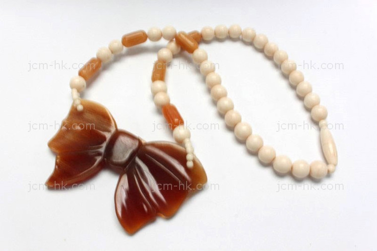75X42mm Buffalo Bone & Amber Horn Bow Tie Necklace 18" [z1781]