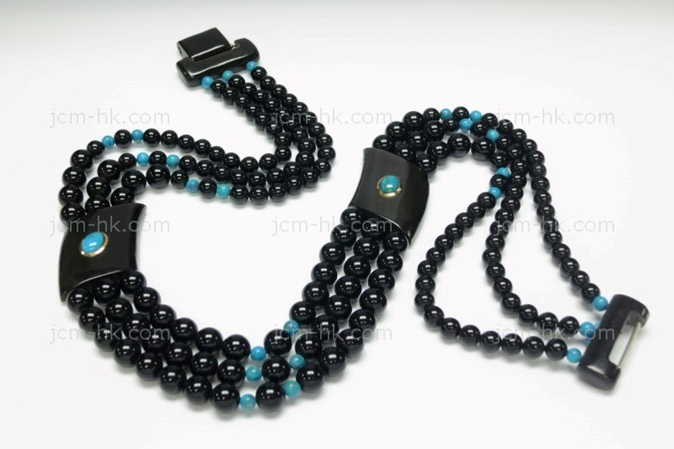 25x25mm Amber & Buffalo Horn Necklace 18" With 14k 585 Gold & Turquoise [z7676]