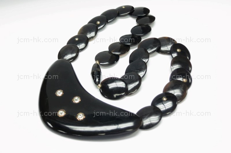 88x38mm Buffalo Horn & Onyx & Rhinstone with 14k 585 Gold Necklace 18" [z7701]