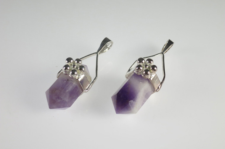 925 Sterling Silver 10x22mm Cape Amethyst Crystal Double Point Healing Pendant [e2225]