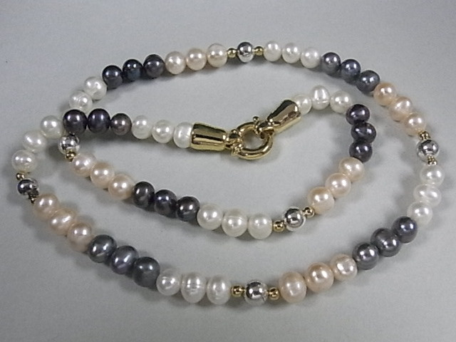 6-7mm Pearl Necklace 18" + 925 Silver Beads, 18K G.P.Clasp [e521]
