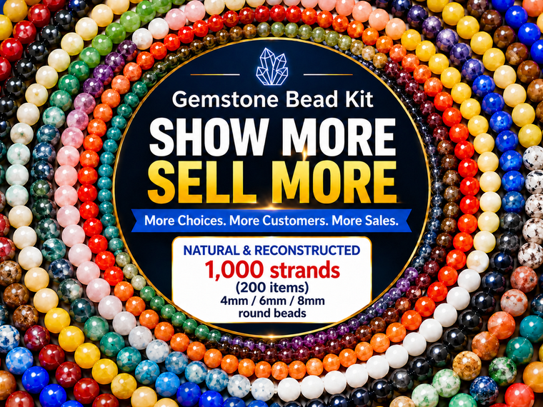 Gemstone Bead Kit 1000 strands (5 each). Each Gemstone with a hanging Gemstone ID tag print your company name and packed with pouch bag.