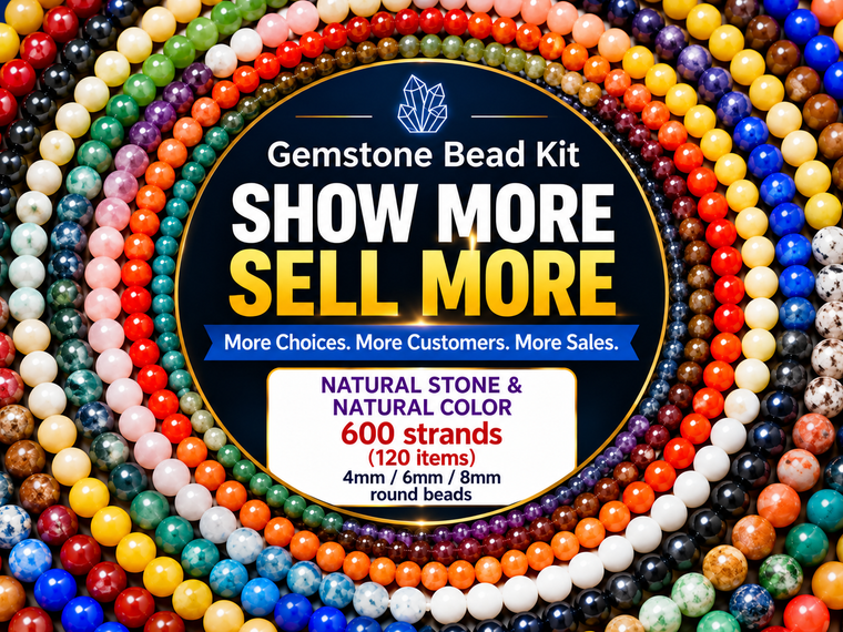 Gemstone Bead Kit 600 strands (5 each). Each Gemstone with a hanging Gemstone ID tag print your company name and packed with pouch bag.