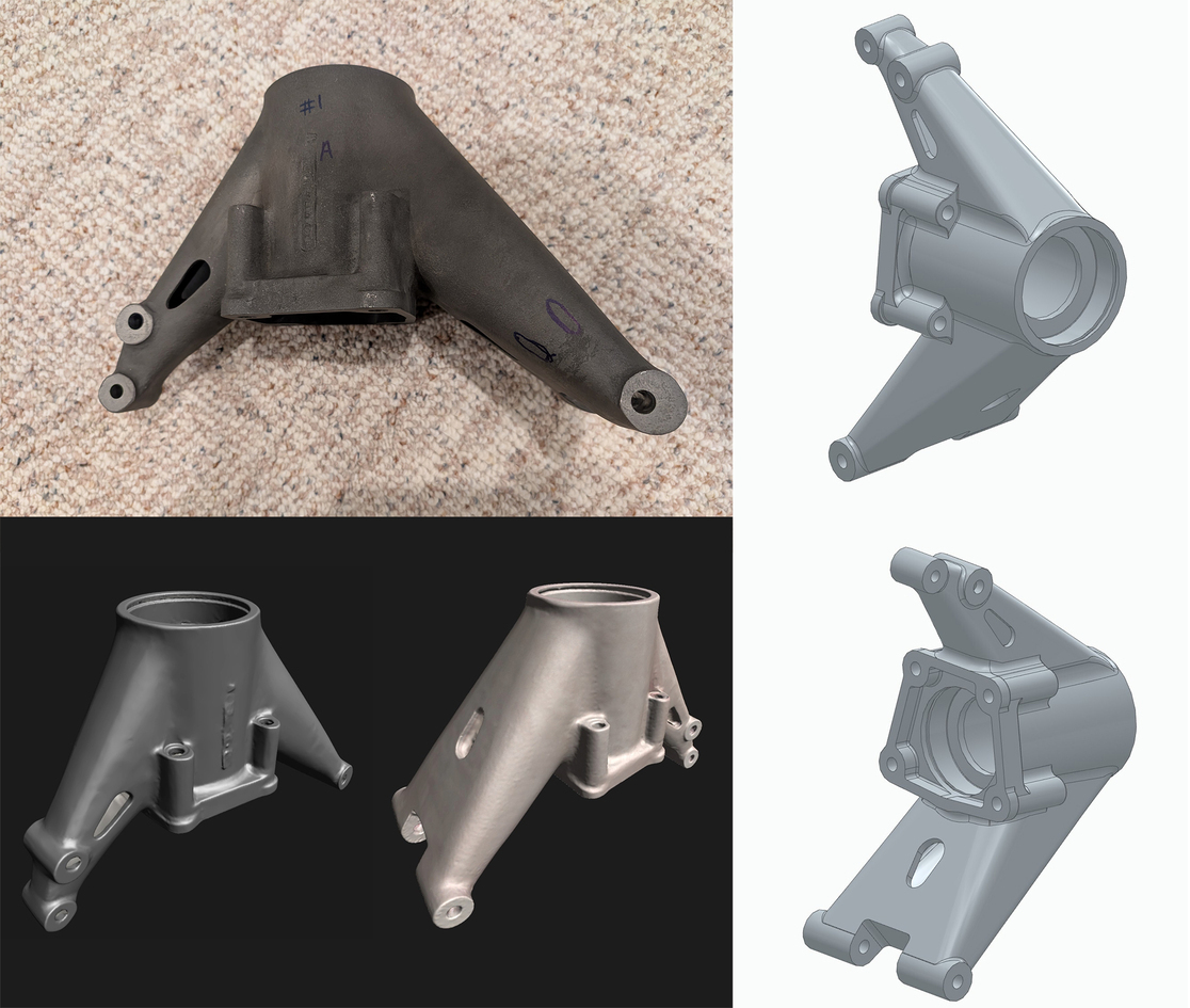 Worn cast suspension upright removed from a historic race car. 3D scan view of the cast suspension upright showing its external shape and surface detail and Alternate 3D scan view of the cast suspension upright from a different angle. 