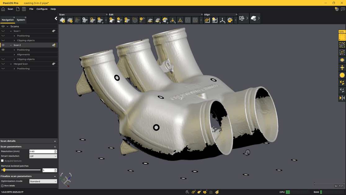 A screenshot of a scan of a casting 3-in-2 pipe within the Peel.CAD Pro platform
