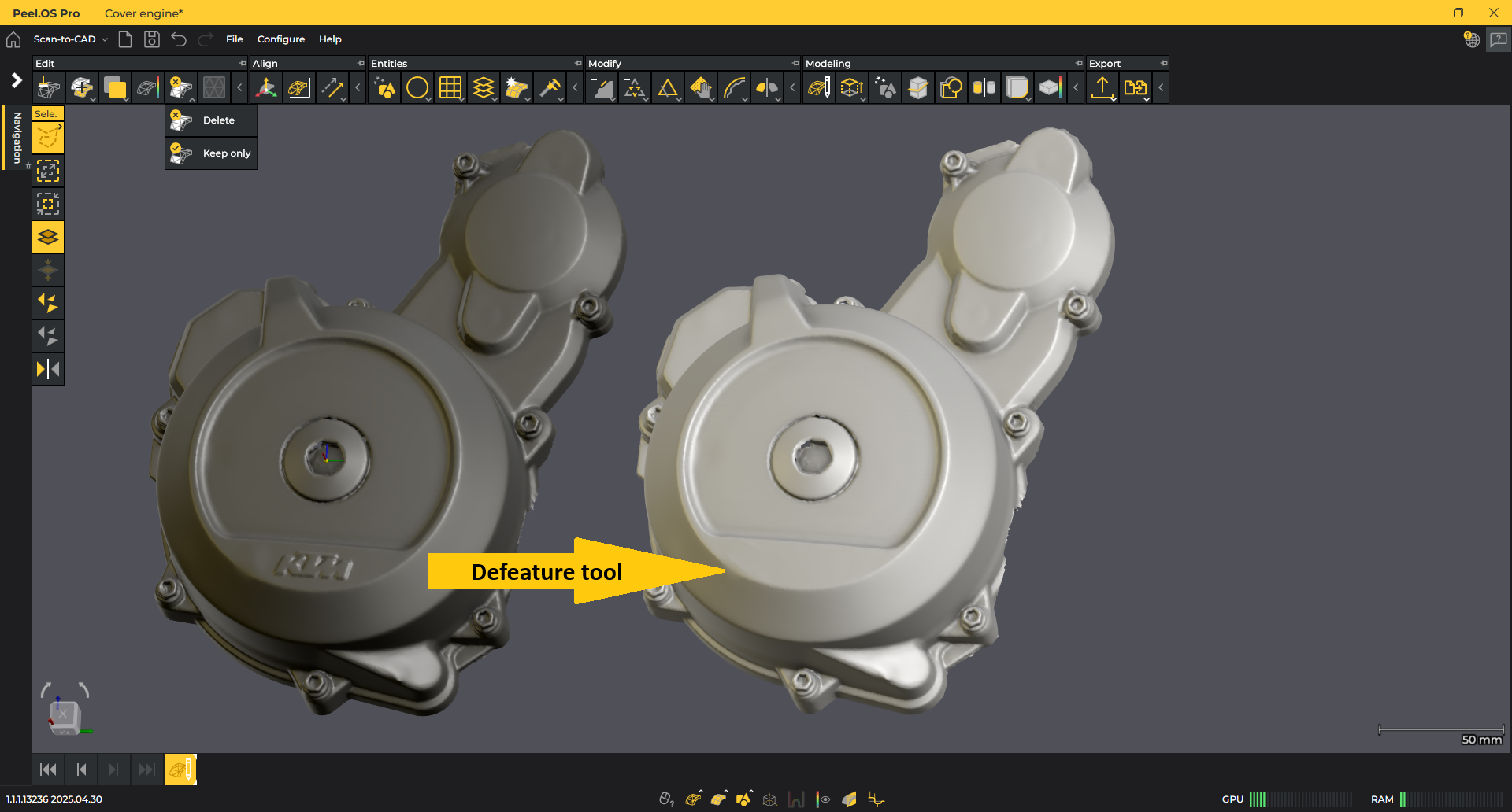 Screenshot of an engine cover in Peel.CAD Pro before and after the Defeature tool is used