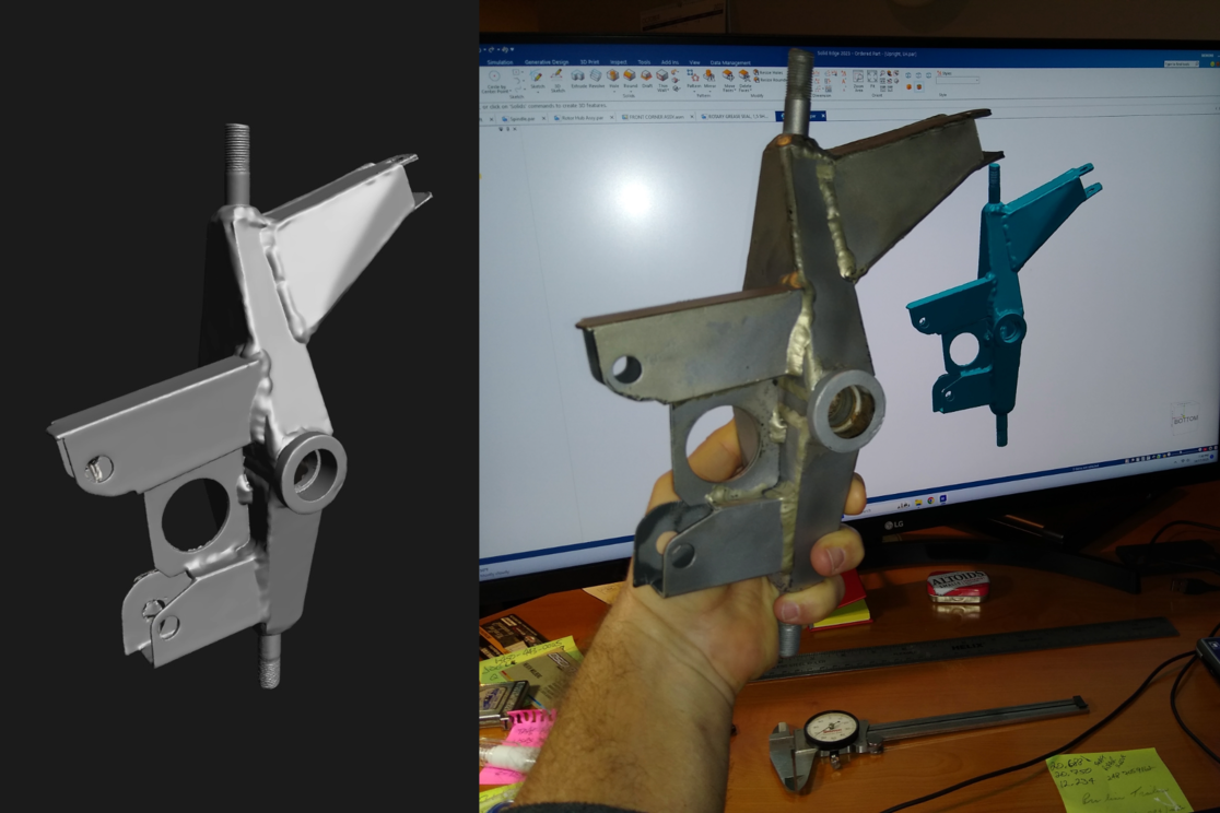 Grey 3D scan of the suspension upright on a black background next to a picture of someone holding the suspension upright part in front of a computer screen displaying the CAD model in Solid Edge