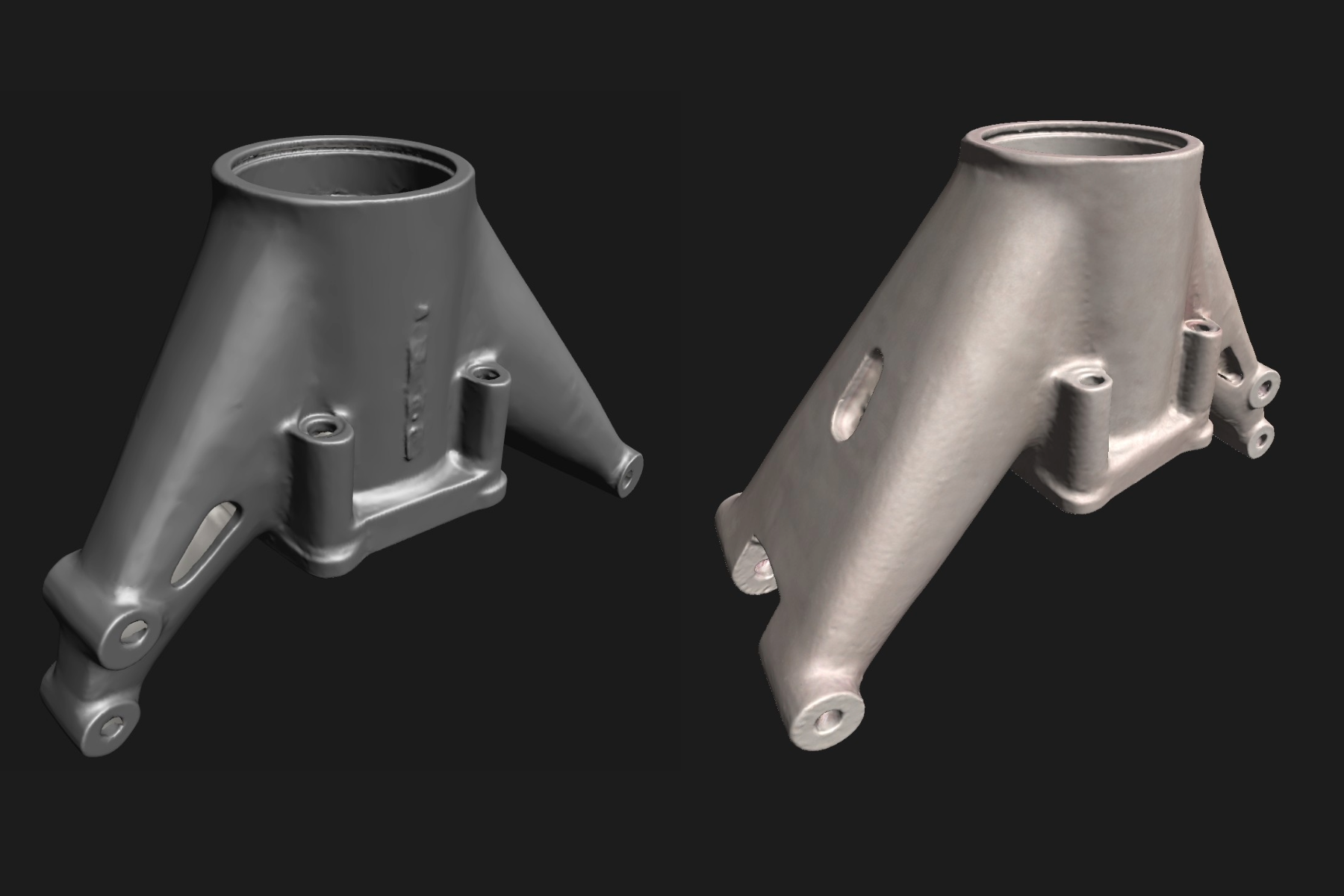 3D scan view of the cast suspension upright showing its external shape and surface detail and Alternate 3D scan view of the cast suspension upright from a different angle. 