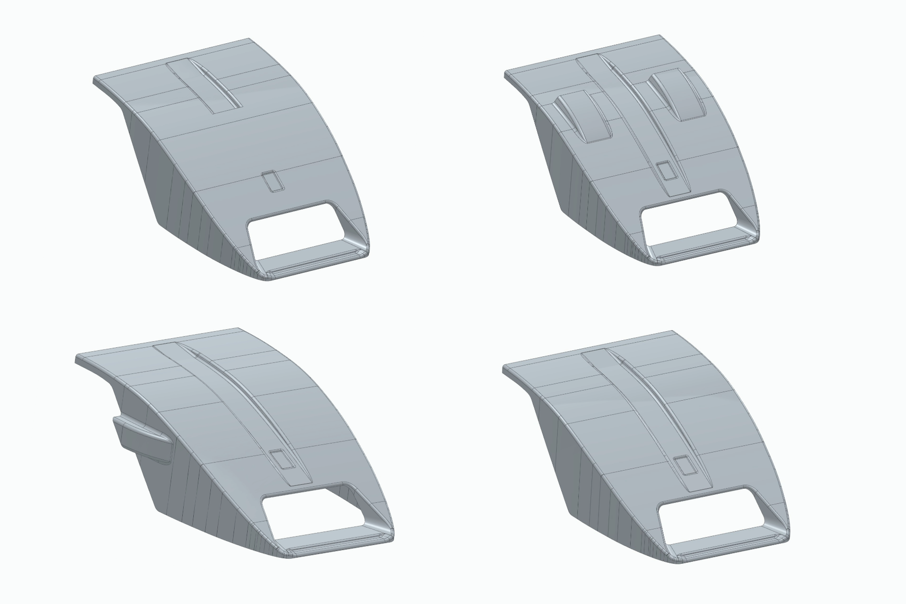 Montage of CAD screenshots showing the original nose model and alternative venting concepts for heat dissipation.