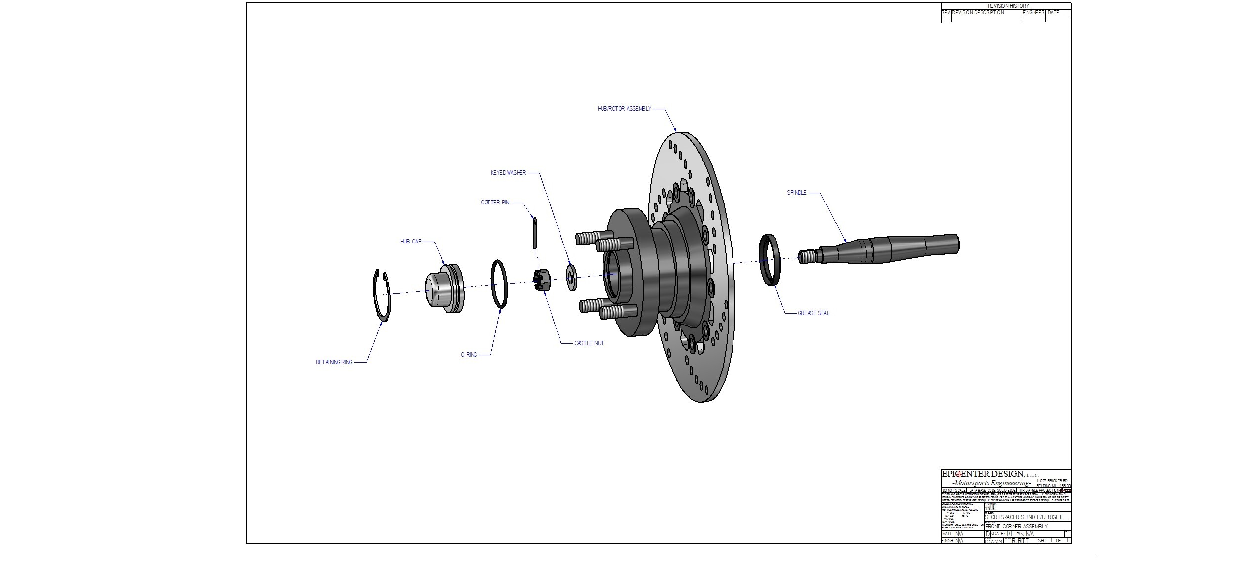 Exploded CAD view of a wheel hub assembly showing brake disc, bearings, spacers, and axle components.