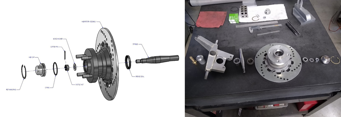 Exploded CAD view of a wheel hub assembly showing brake disc, bearings, spacers, and axle components and Wheel hub and suspension components arranged in sequence on a table beside the upright.