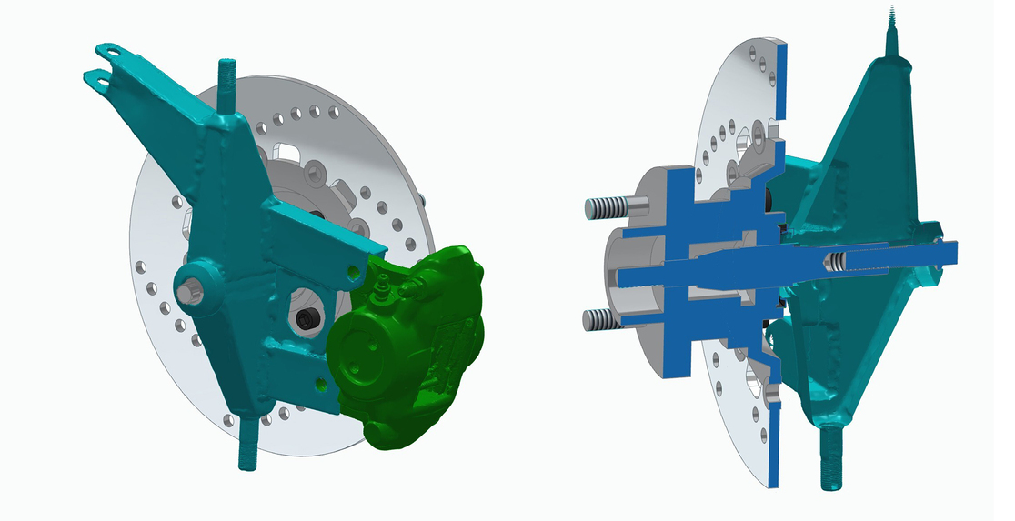 Teal CAD model of a suspension upright assembled with surrounding wheel and suspension components and Section view of a CAD assembly highlighting the internal geometry of the suspension upright and connected parts.