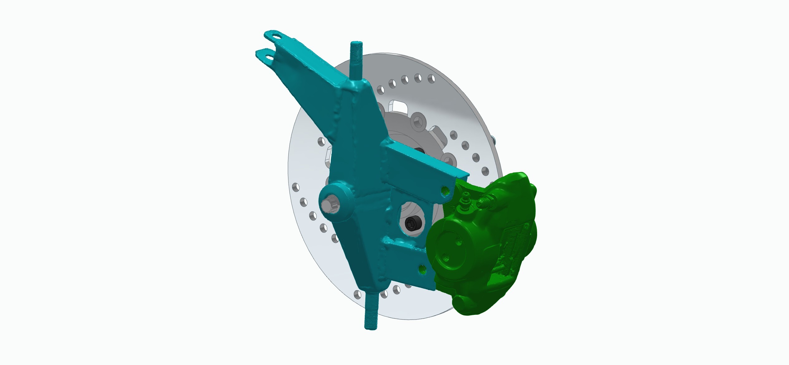 Teal CAD model of a suspension upright assembled with surrounding wheel and suspension components.