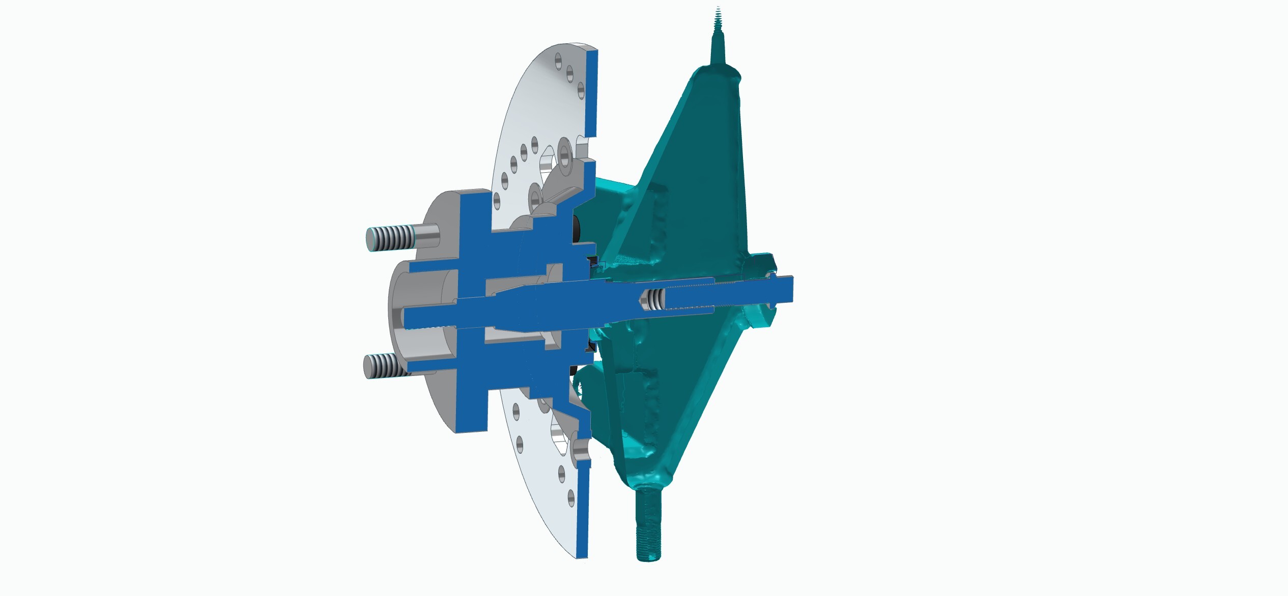 Section view of a CAD assembly highlighting the internal geometry of the suspension upright and connected parts.