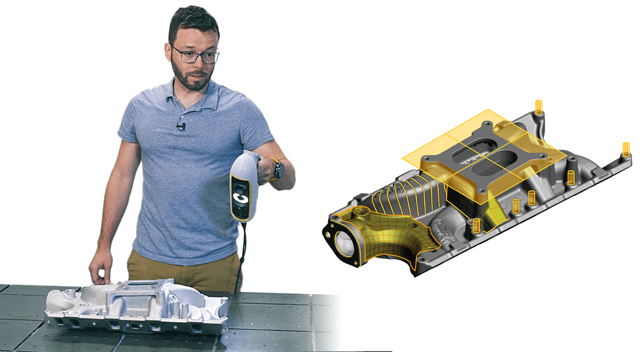 A 3D scanning expert who performs a scan of a manifold part using the Peel 3.CAD Solution