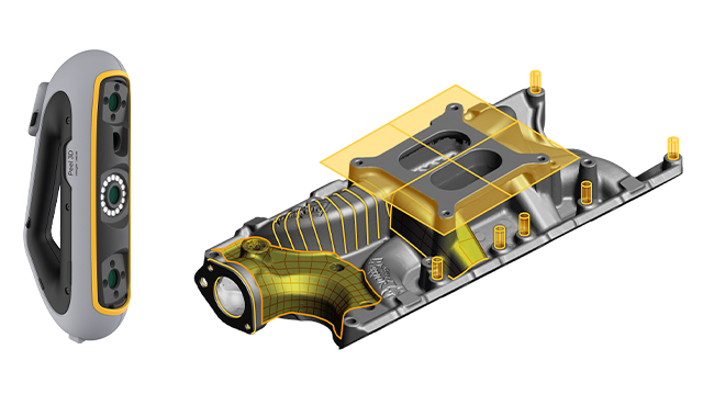 Peel 3 scanner with a CAD render of an automotive intake manifold