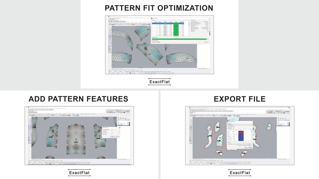 Series of screenshots from ExactFlat showing the pattern fit optimization, the add pattern features and the export file steps.