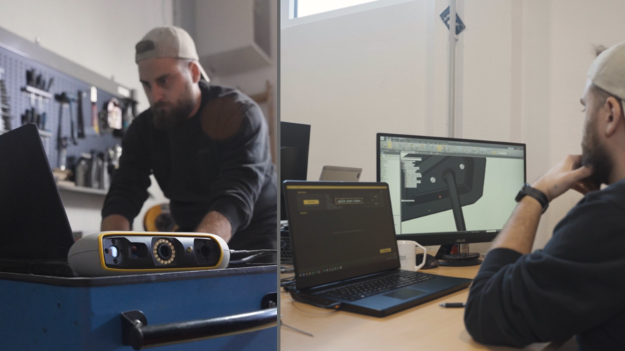 Split picture with on the left, a worker in front of a laptop and a Peel 3 3D scanner and on the right the same worker working in front of a laptop displaying Peel.CAD Pro.