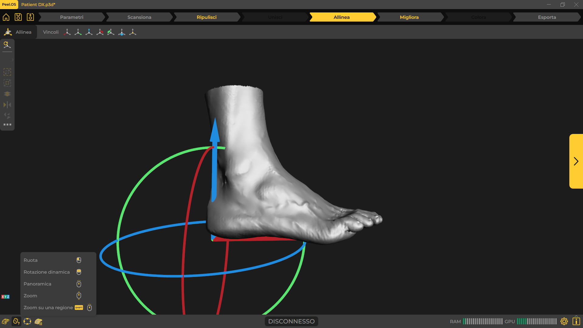 Screenshot of the scan of a right foot surrounded by alignment arrows within Peel.OS software.