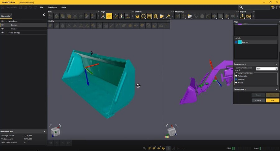 Screenshot of 3D scan data into Peel.CAD Pro, where the scanned tractor bucket is processed and prepared for reverse engineering in CAD