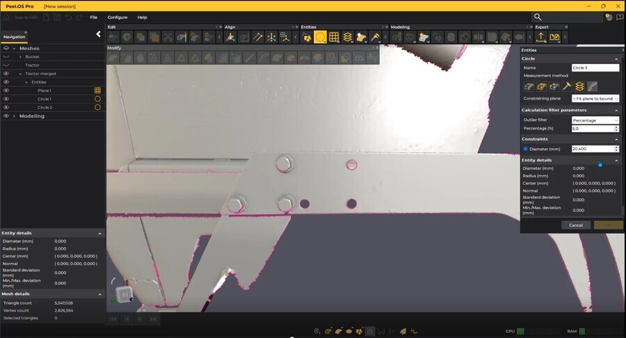 Screenshot of 3D scan data into Peel.CAD Pro with a closeup of the various geometric entities.  