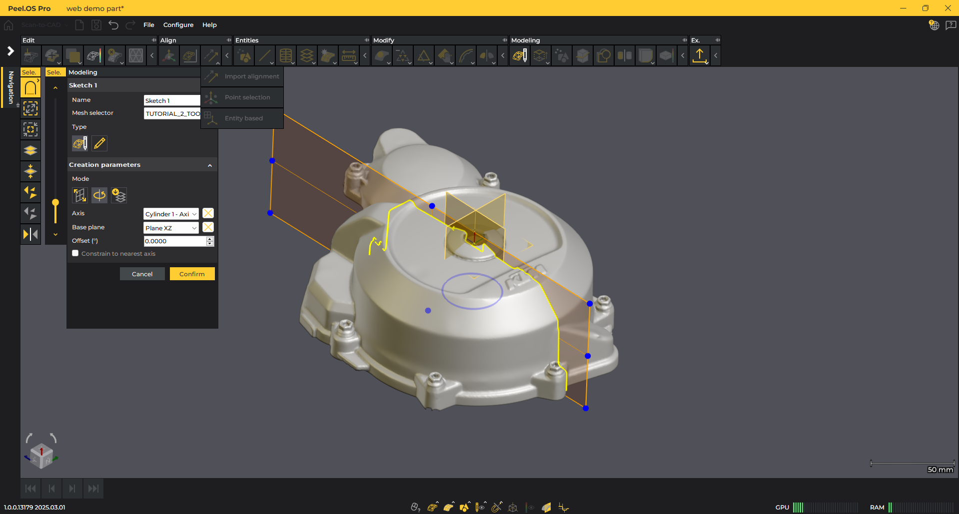 Screenshot of an engine cover in Peel.CAD Pro in sketching mode