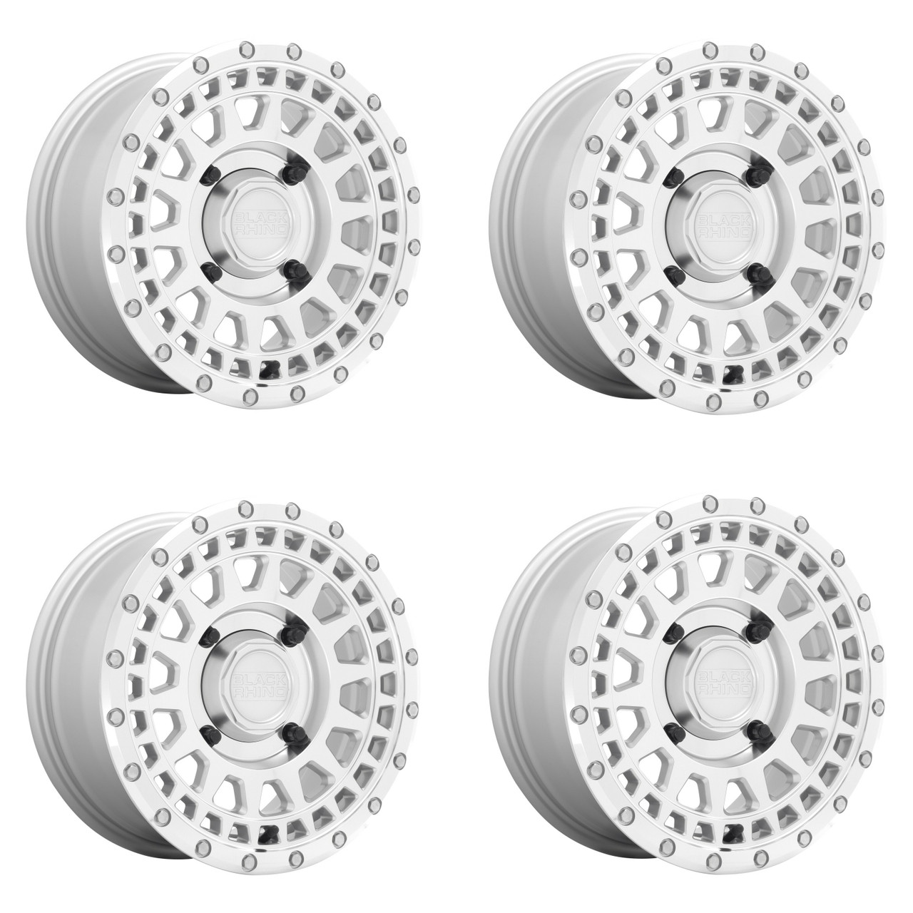 Set 4 Black Rhino Powersports Parker 15x7 4x110 Silver Mirror Wheels 15" 36mm