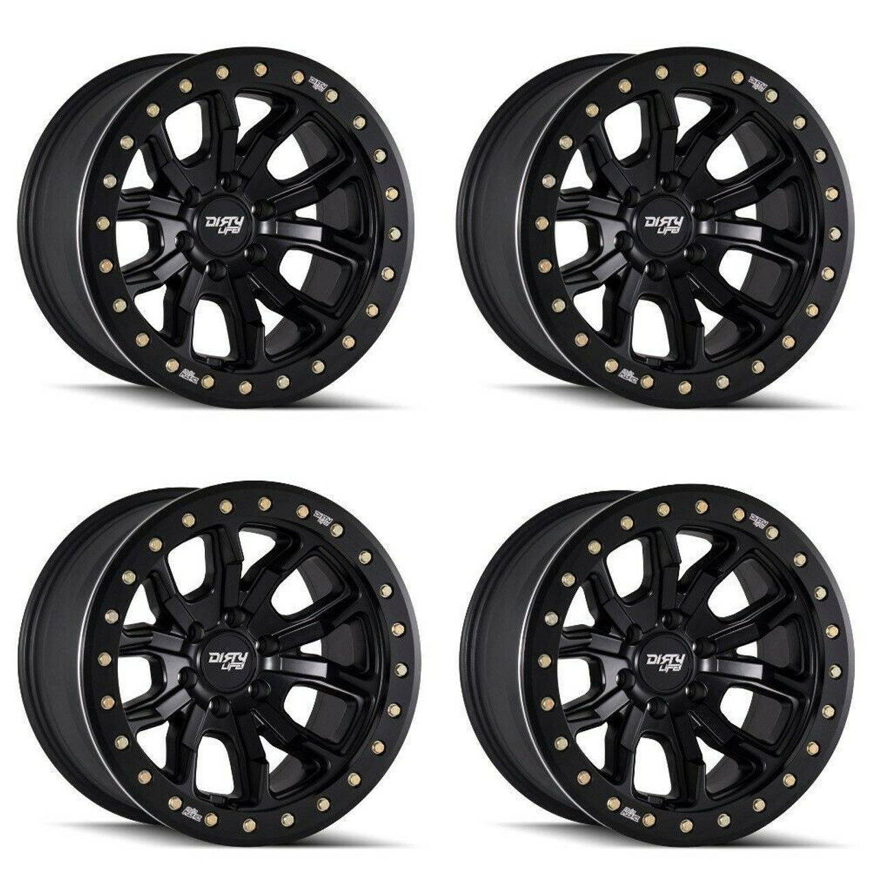 Set 4 17" Dirty Life Dt-1 17x9 Matte Black W Simulated Ring 5x4.5 Wheels -12mm