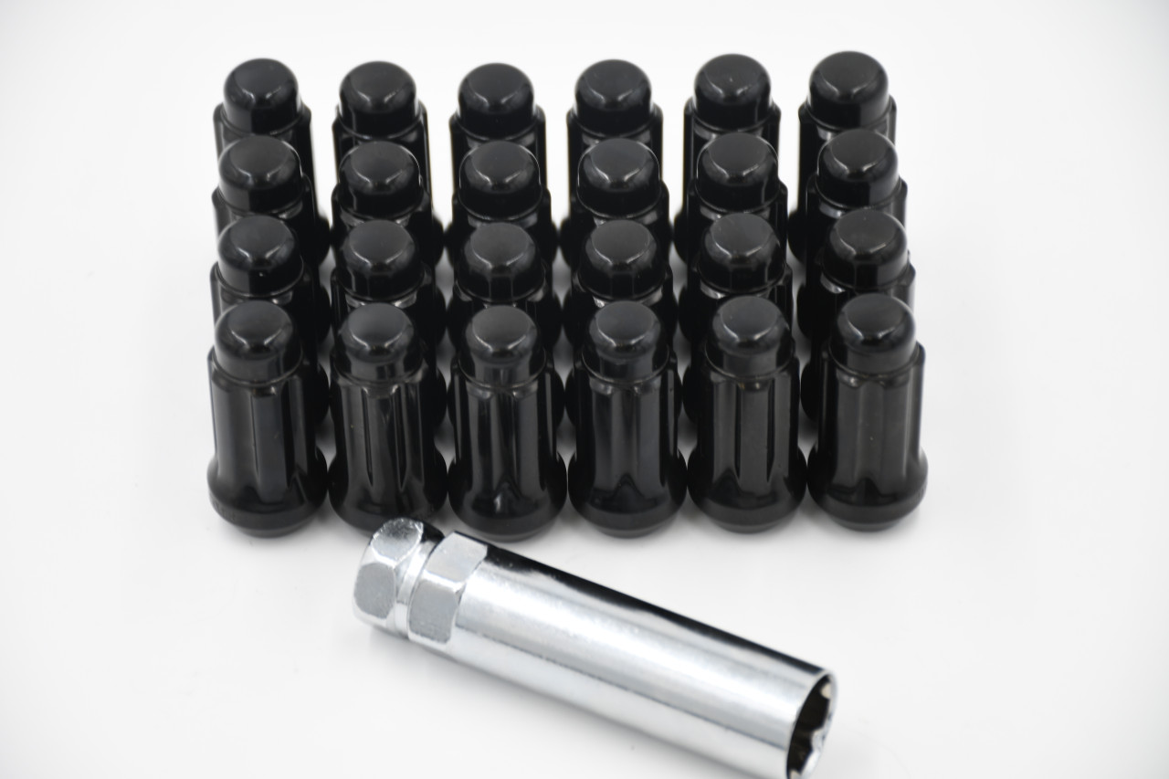 Set 23 14mm x 1.5 Spline 1.9" Tall Truck Lug Nut Black 6 Spline w/ Key M14x1.5