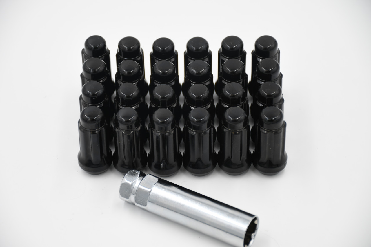Set 23 14mm x 1.5 Spline 1.9" Tall Truck Lug Nut Black 6 Spline w/ Key M14x1.5